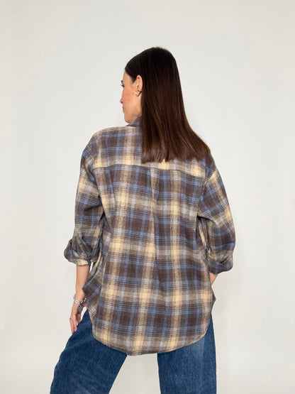 Camicia check vienna in cotone ciocco/azzurro polvere