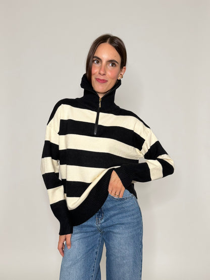 Maglione mezza zip collo alto a righe in morbida viscosa nero/panna