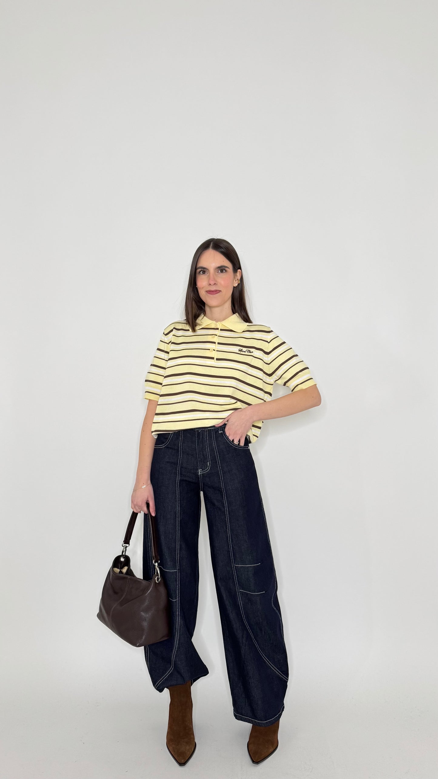 Jeans wide leg barrel con impunture Dark Blu