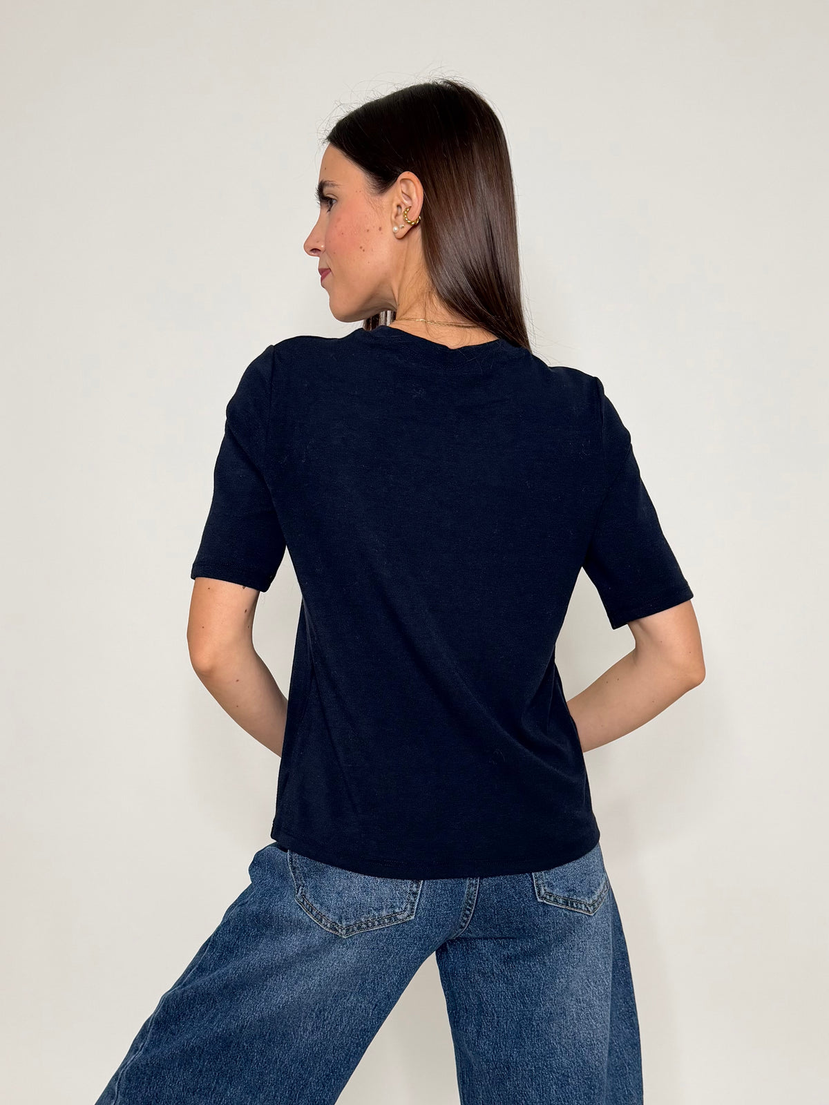 Maglia girocollo basic in viscosa e cotone blu navy