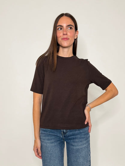 Maglia girocollo basic in viscosa e cotone cioccolato