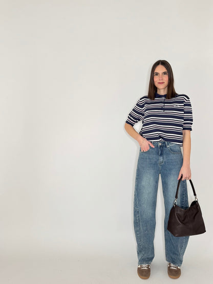 Polo in filo di viscosa a righe Blu navy/bianco