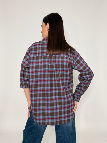 Camicia check vienna in cotone celeste/bordeaux