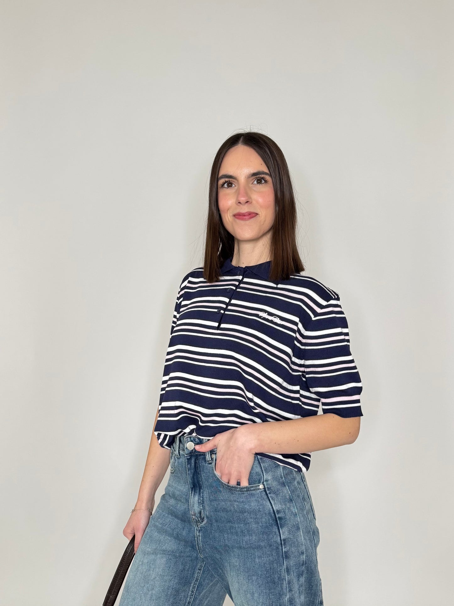 Polo in filo di viscosa a righe Blu navy/bianco