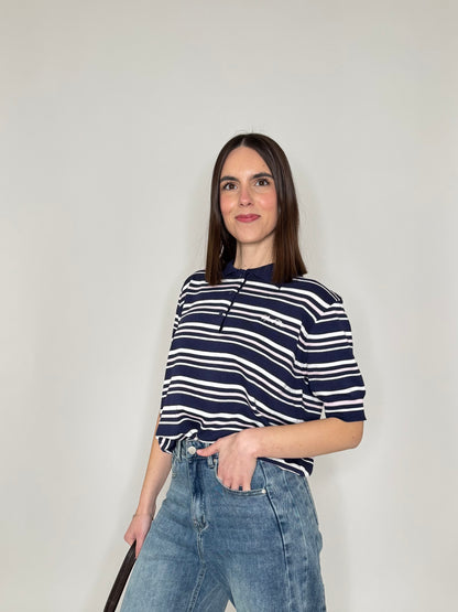 Polo in filo di viscosa a righe Blu navy/bianco