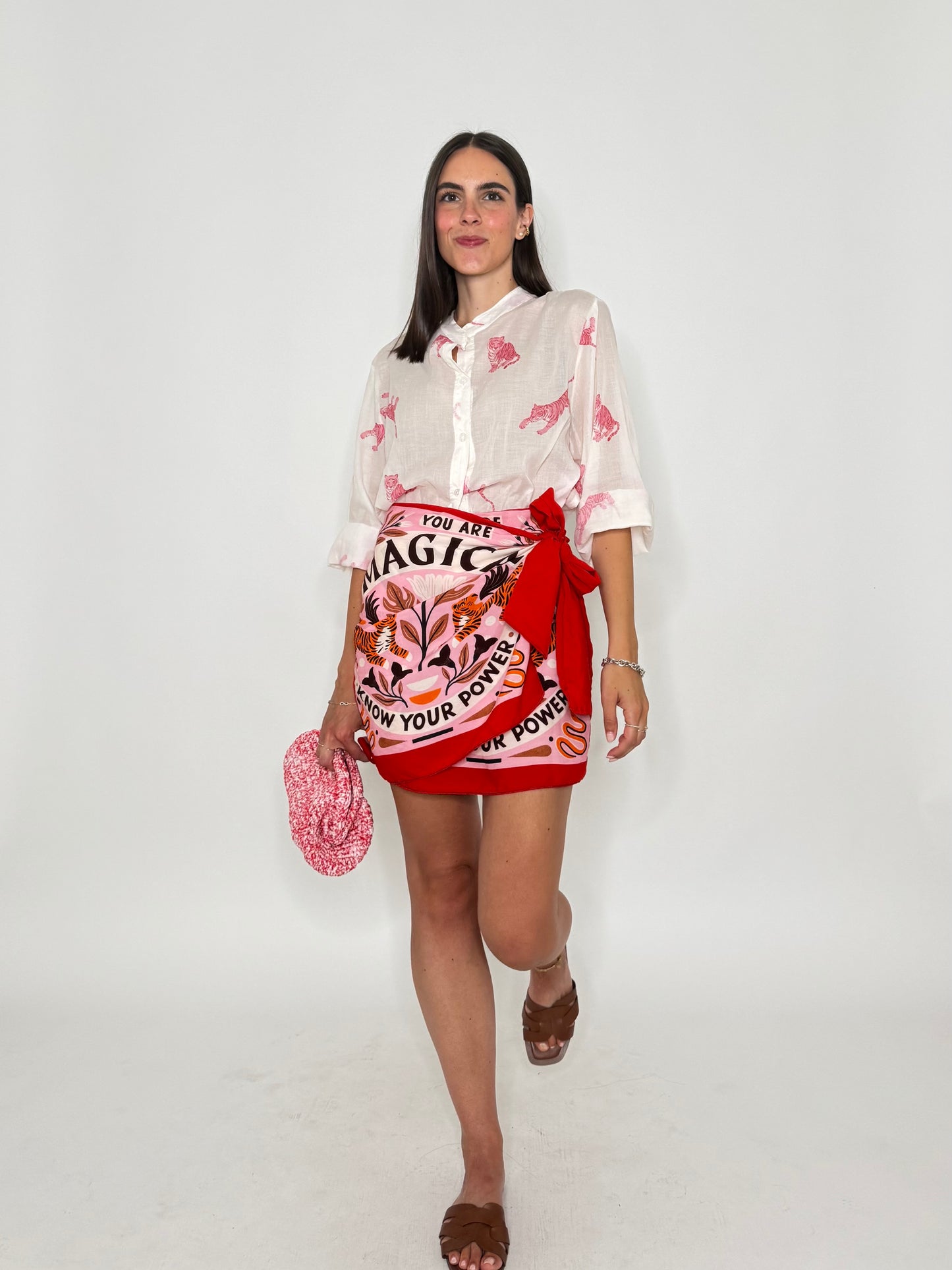 Gonna pareo mini in fresca viscosa tigre rosa/rosso