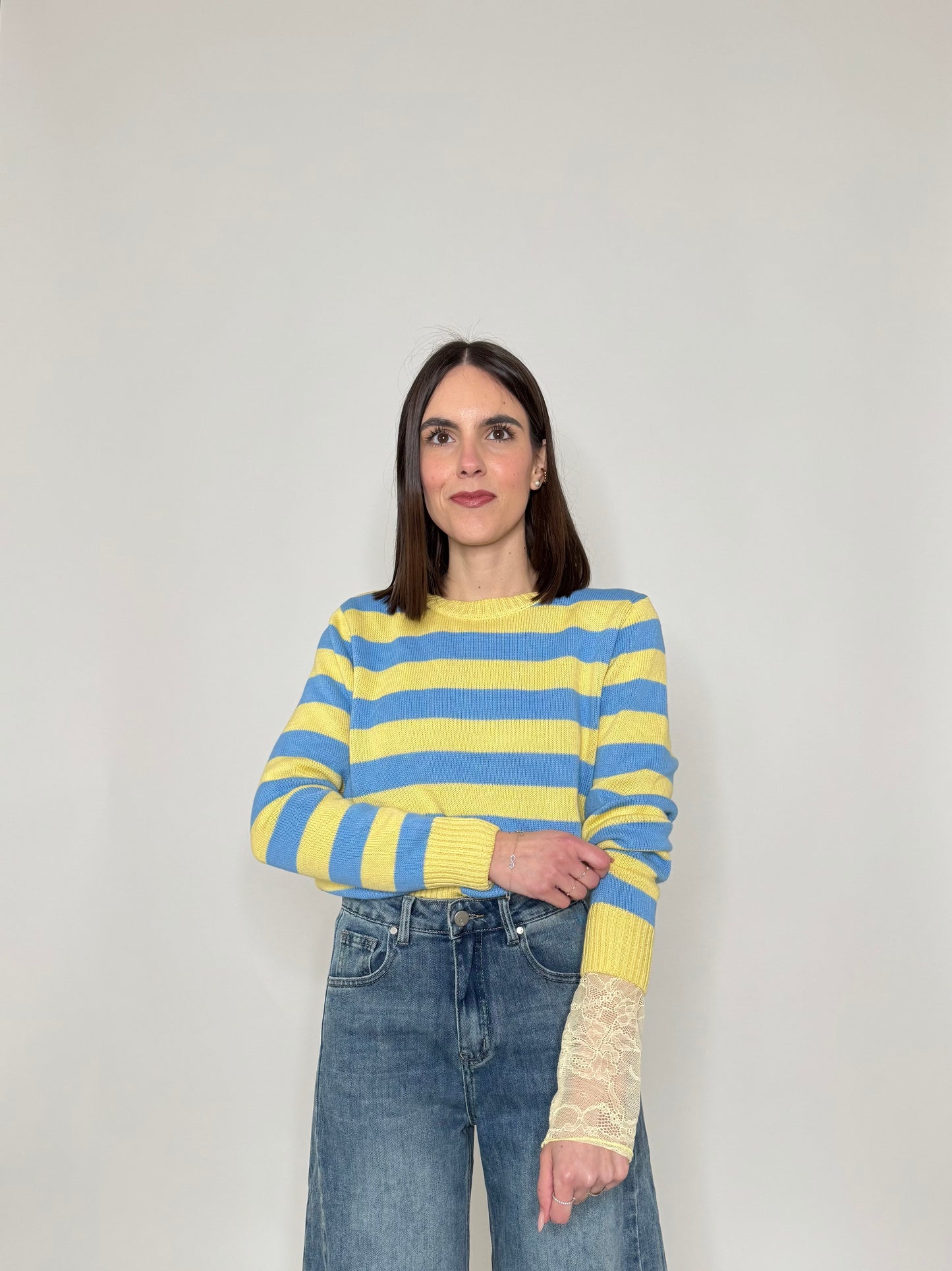 Maglia girocollo a righe in 100% cotone Giallo/jeans