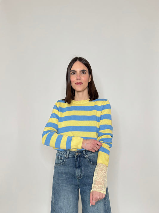 Maglia girocollo a righe in 100% cotone Giallo/jeans