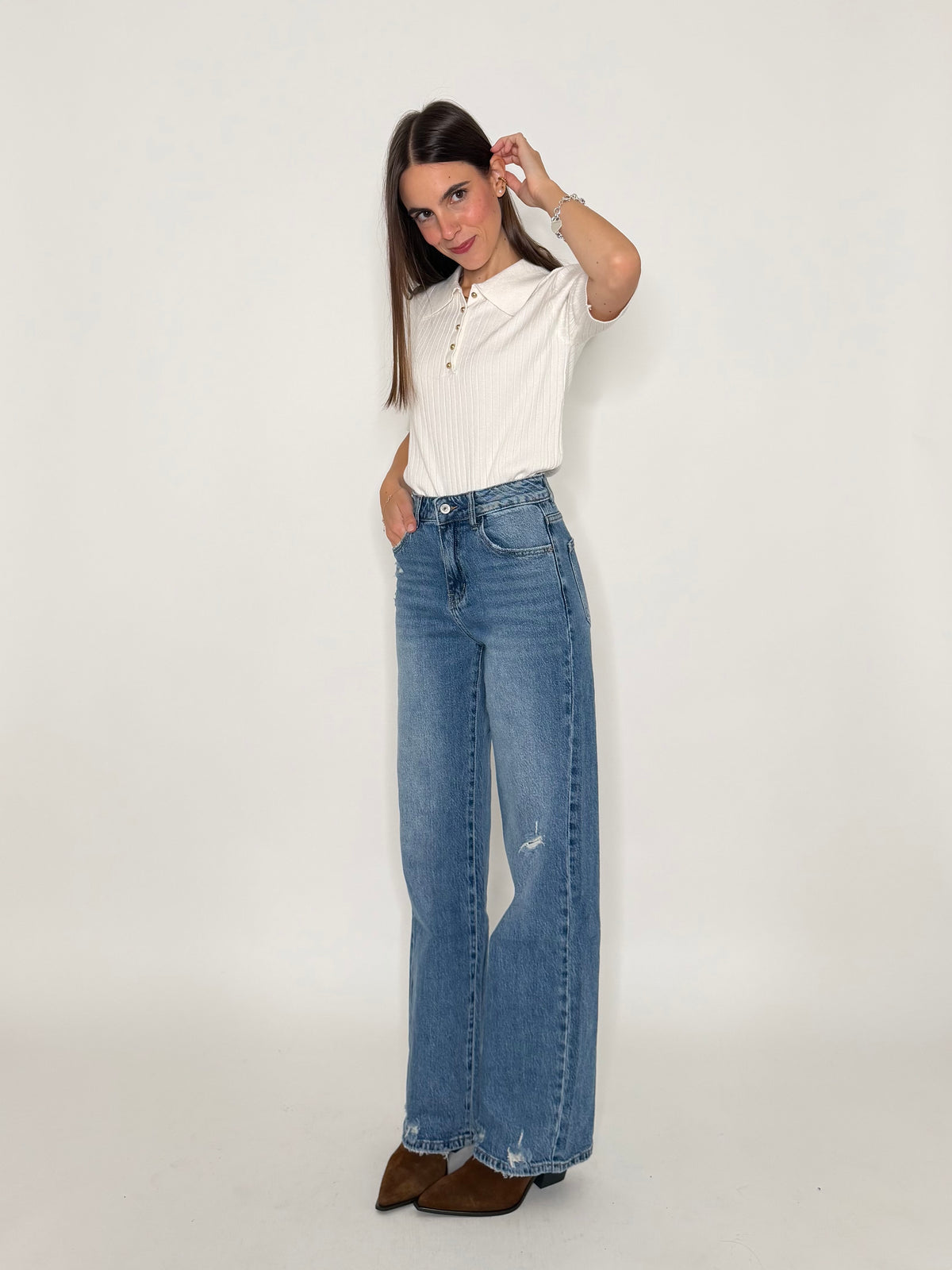 Jeans Straight Wide Leg in Denim Blu