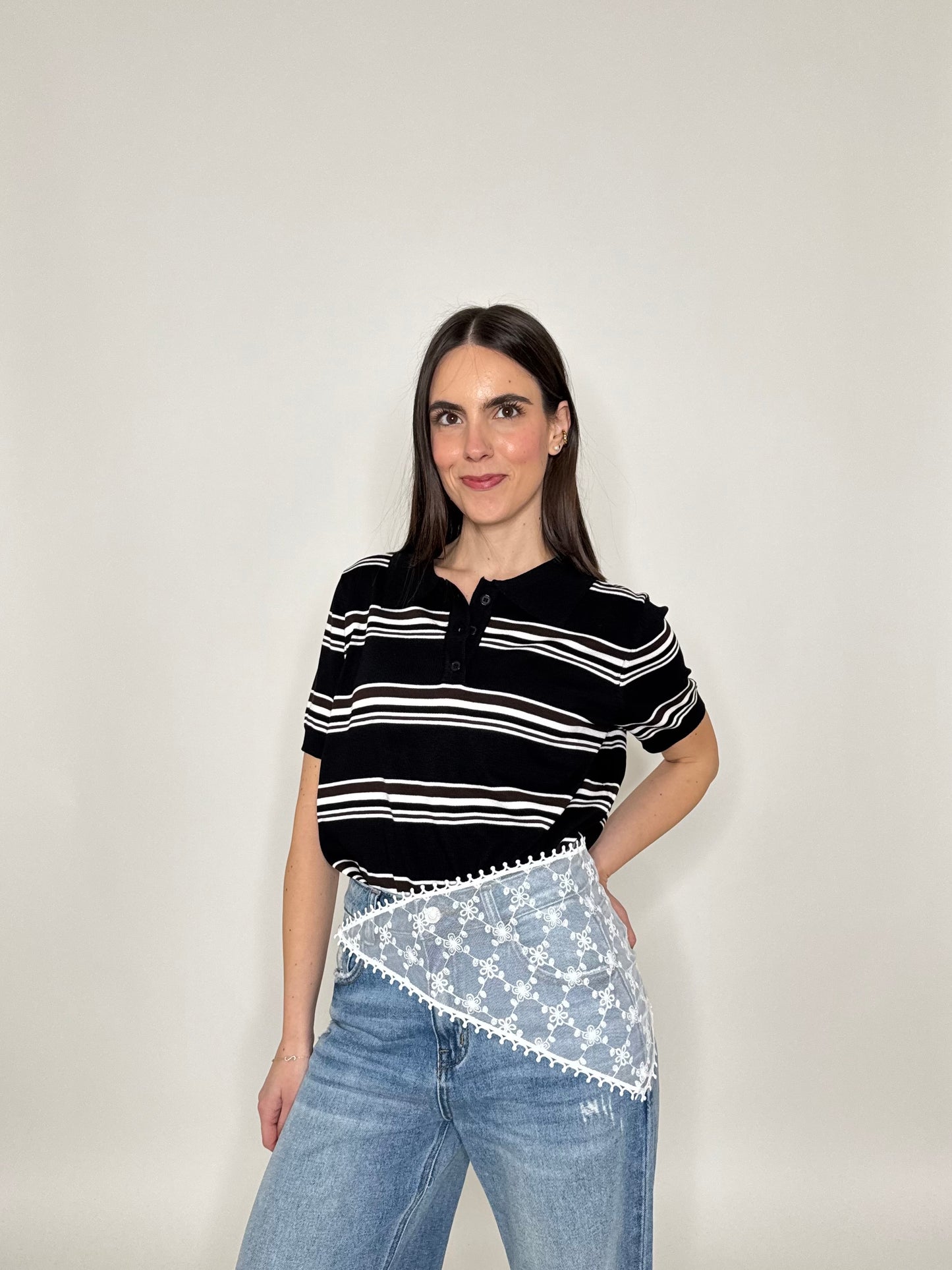 Polo in filo di viscosa a righe Nero/Bianco