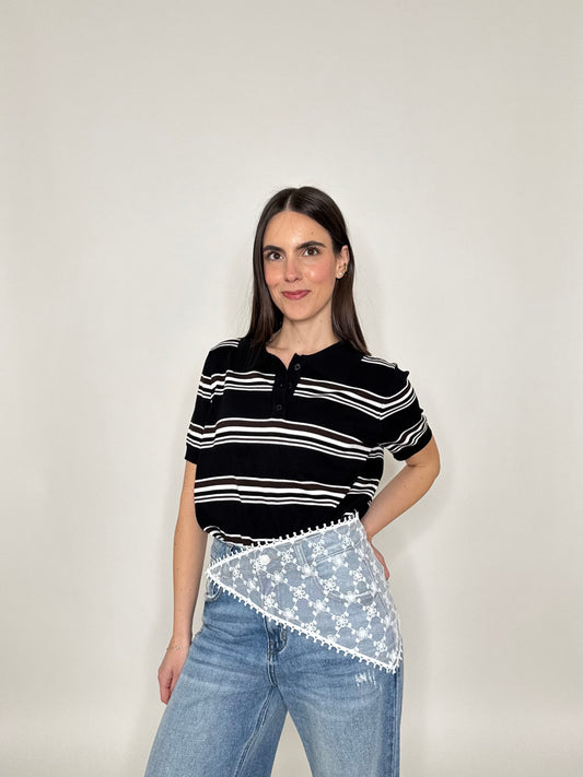 Polo in filo di viscosa a righe Nero/Bianco