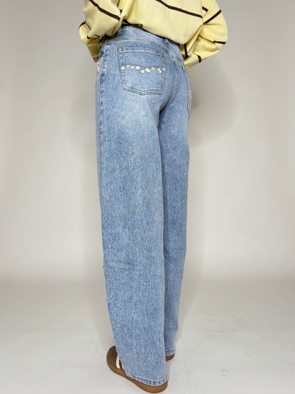 Jeans Ballon light denim ricami e caboshon