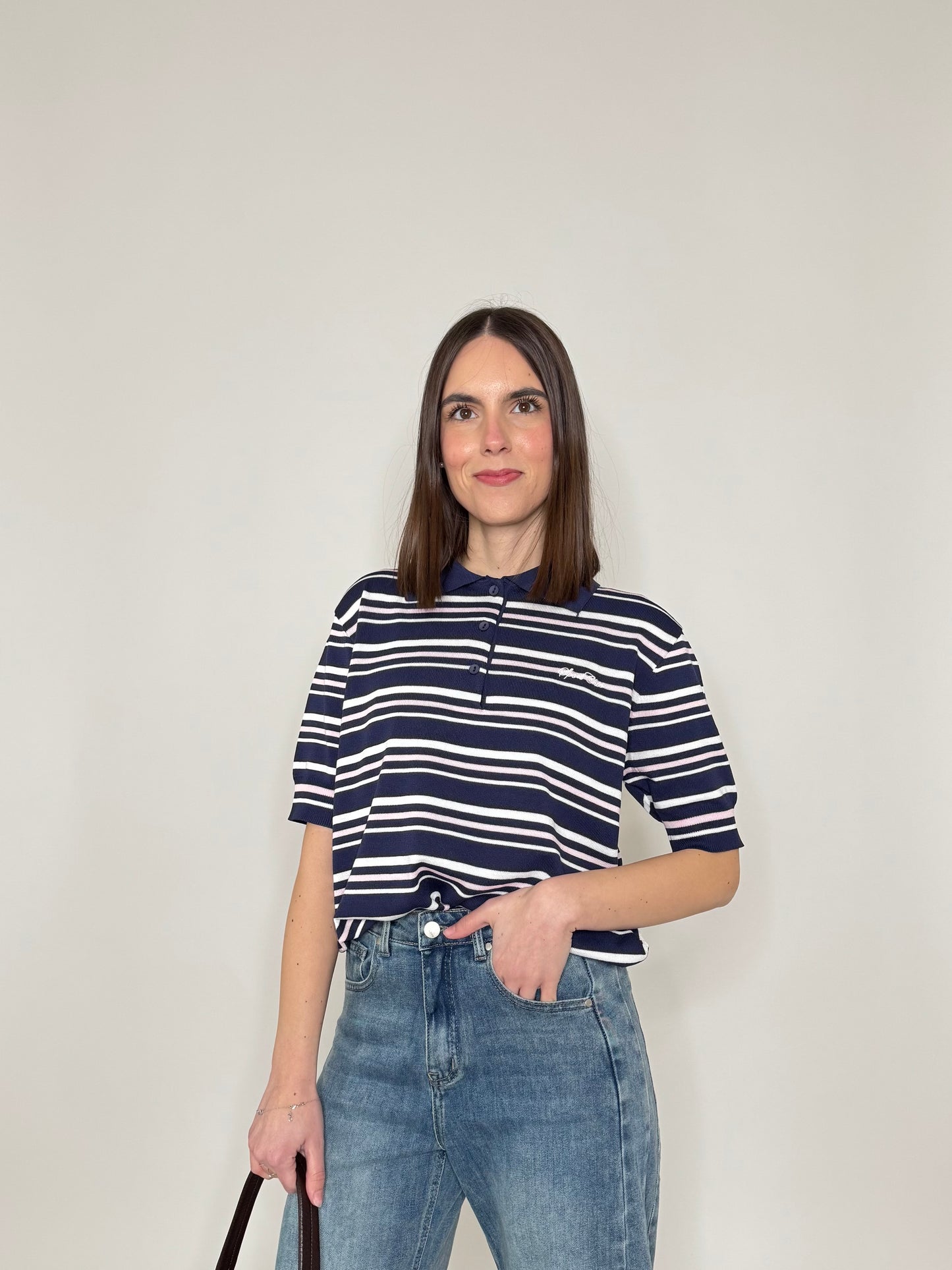 Polo in filo di viscosa a righe Blu navy/bianco