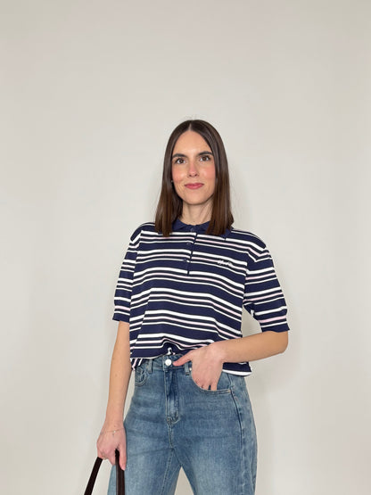 Polo in filo di viscosa a righe Blu navy/bianco