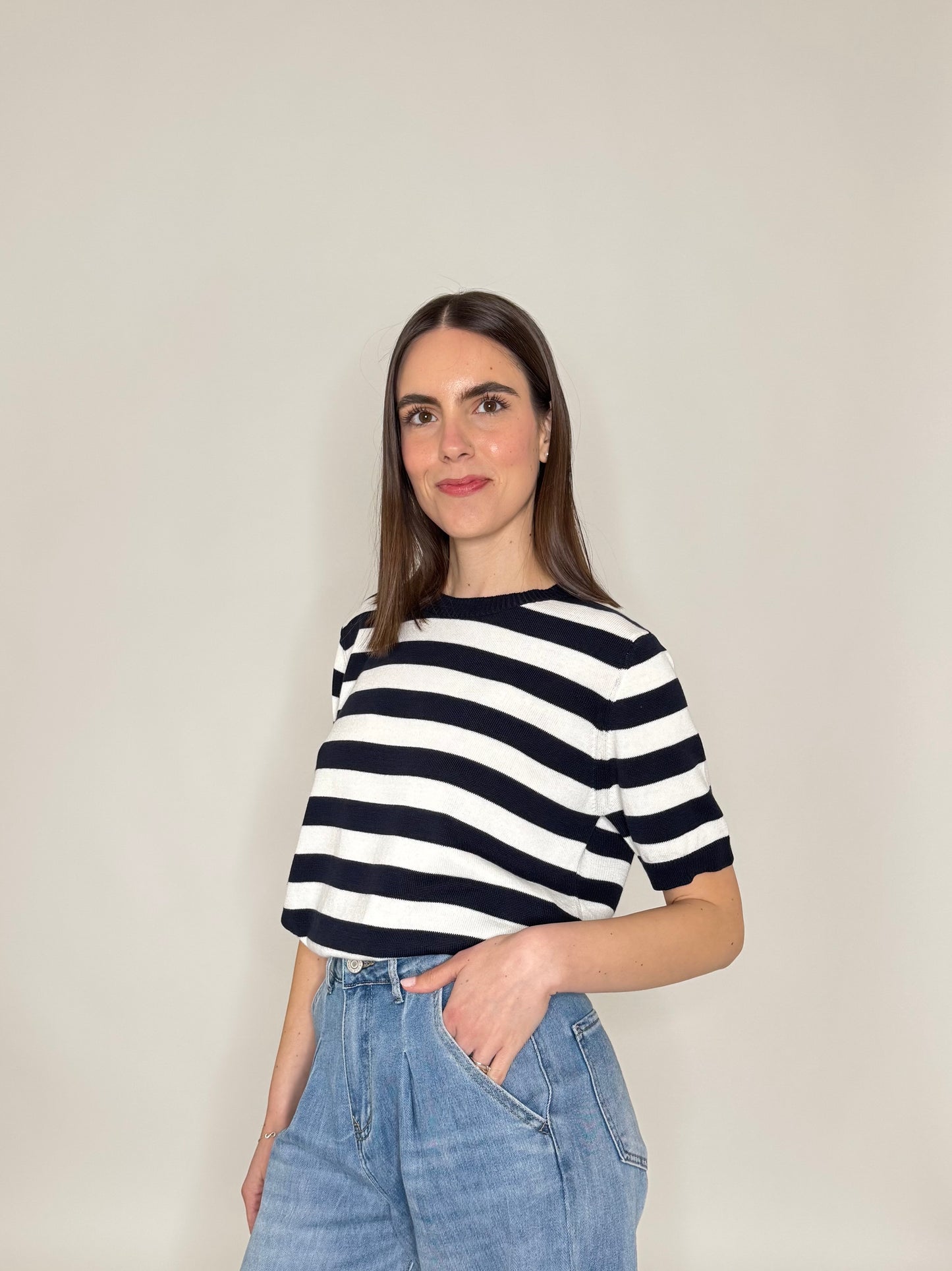 Maglia girocollo a righe manica corta in 100% cotone Blu Navy/Panna