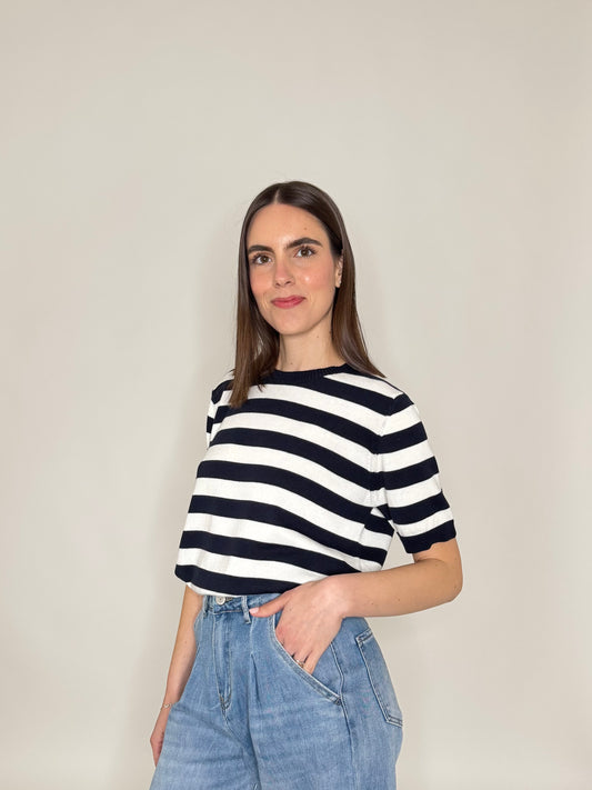 Maglia girocollo a righe manica corta in 100% cotone Blu Navy/Panna