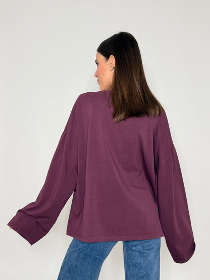 Maglia in cotone con manica a ampia borgogna stampa zebrata “Amour”