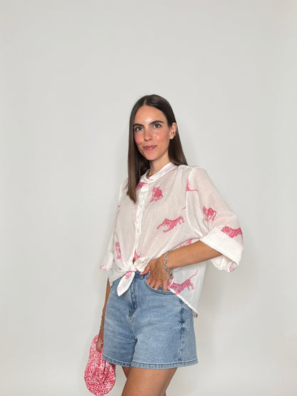 Camicia coreana in mussola di cotone tigre rosa