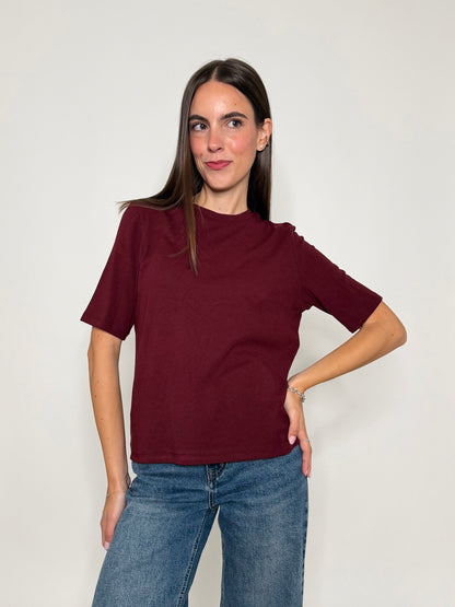 Maglia girocollo basic in viscosa e cotone bordeaux