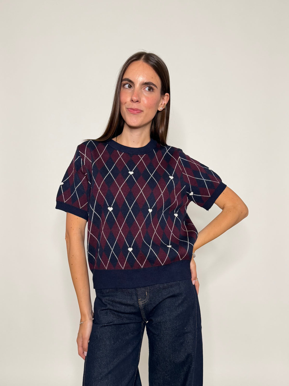 Maglia in viscosa a rombi blu navy/bordeaux