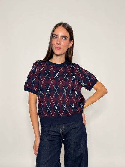 Maglia in viscosa a rombi blu navy/bordeaux