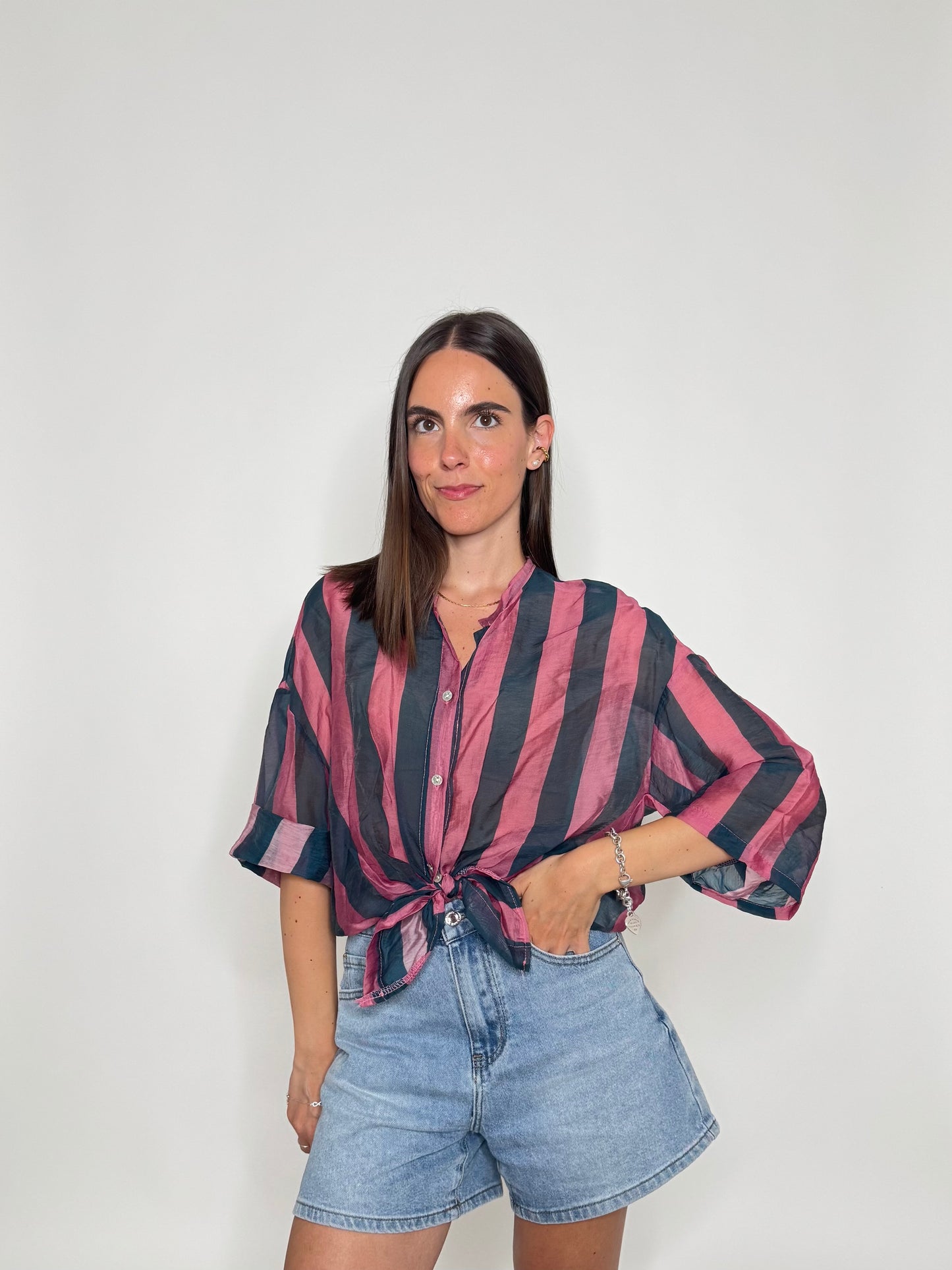Camicia a righe in lyocell Verde Bottiglia/Rosa antico