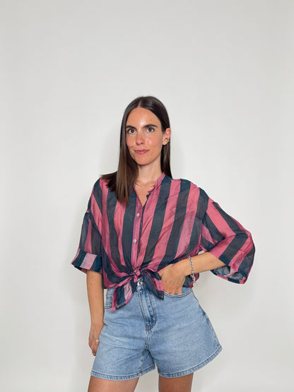 Camicia a righe in lyocell Verde Bottiglia/Rosa antico