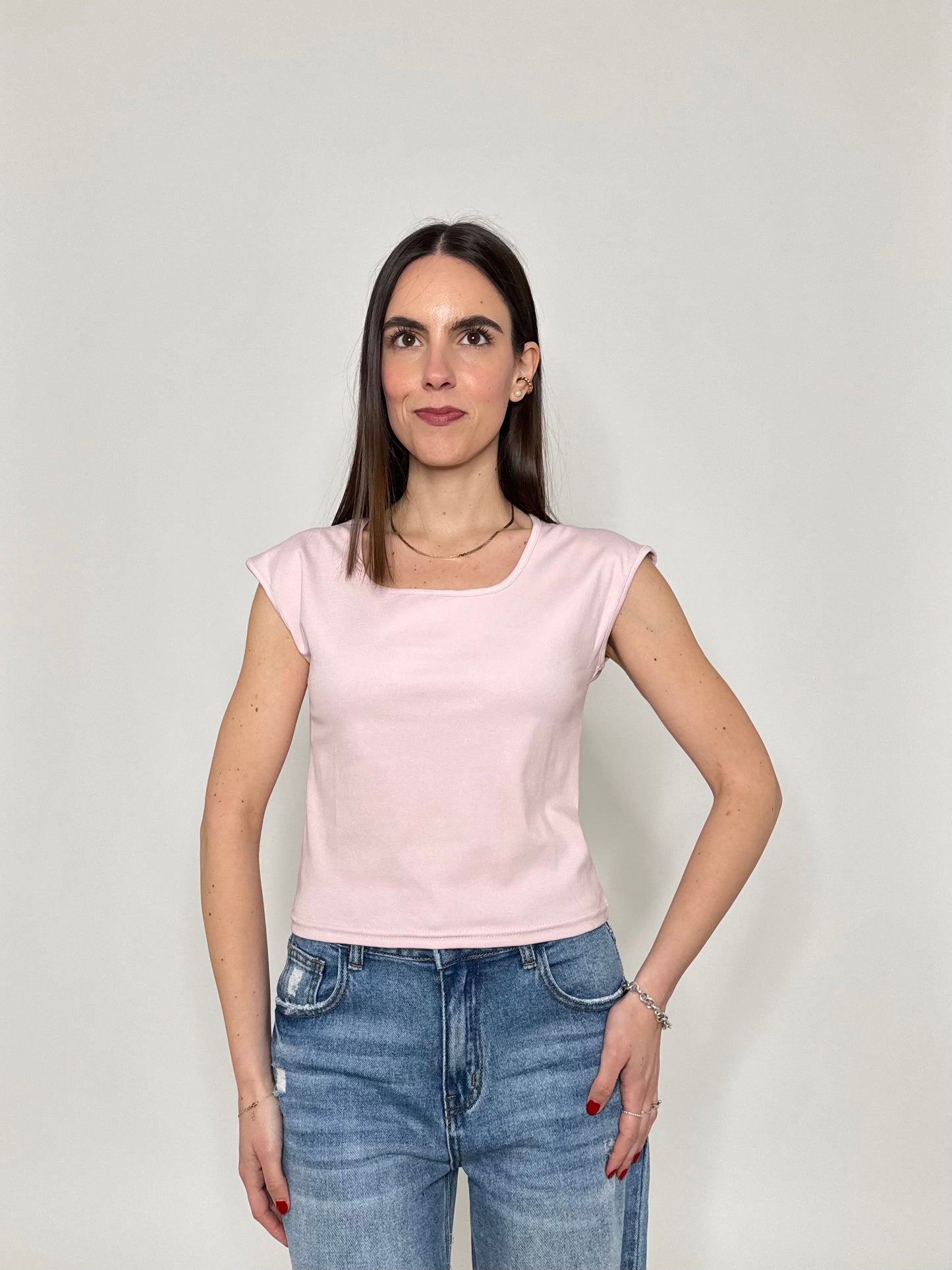 T-shirt scollo quadrato in cotone Rosa