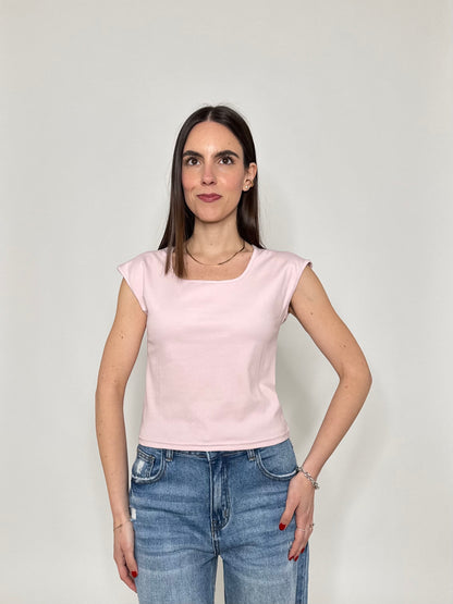T-shirt scollo quadrato in cotone Rosa