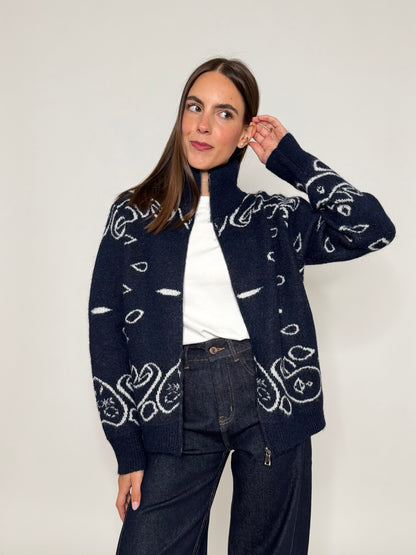 Cardigan con zip Bandana misto lana Blu