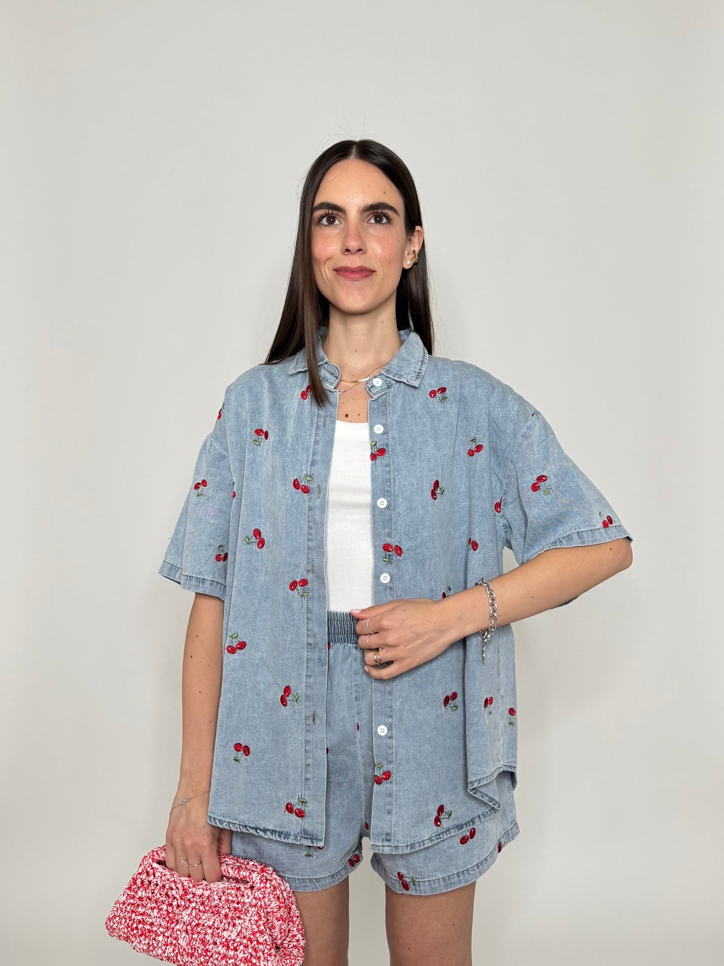 Completo denim in cotone con ricami