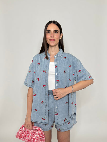 Completo denim in cotone con ricami