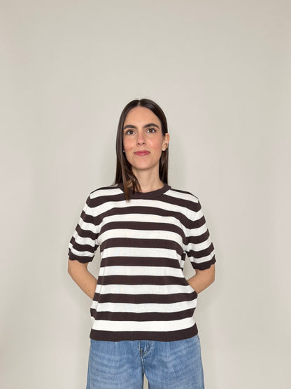 Maglia girocollo a righe manica corta in 100% cotone Moro/Panna