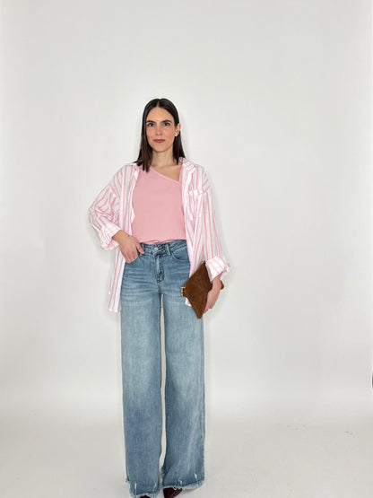 Camicia in leggera viscosa a righe Rosa