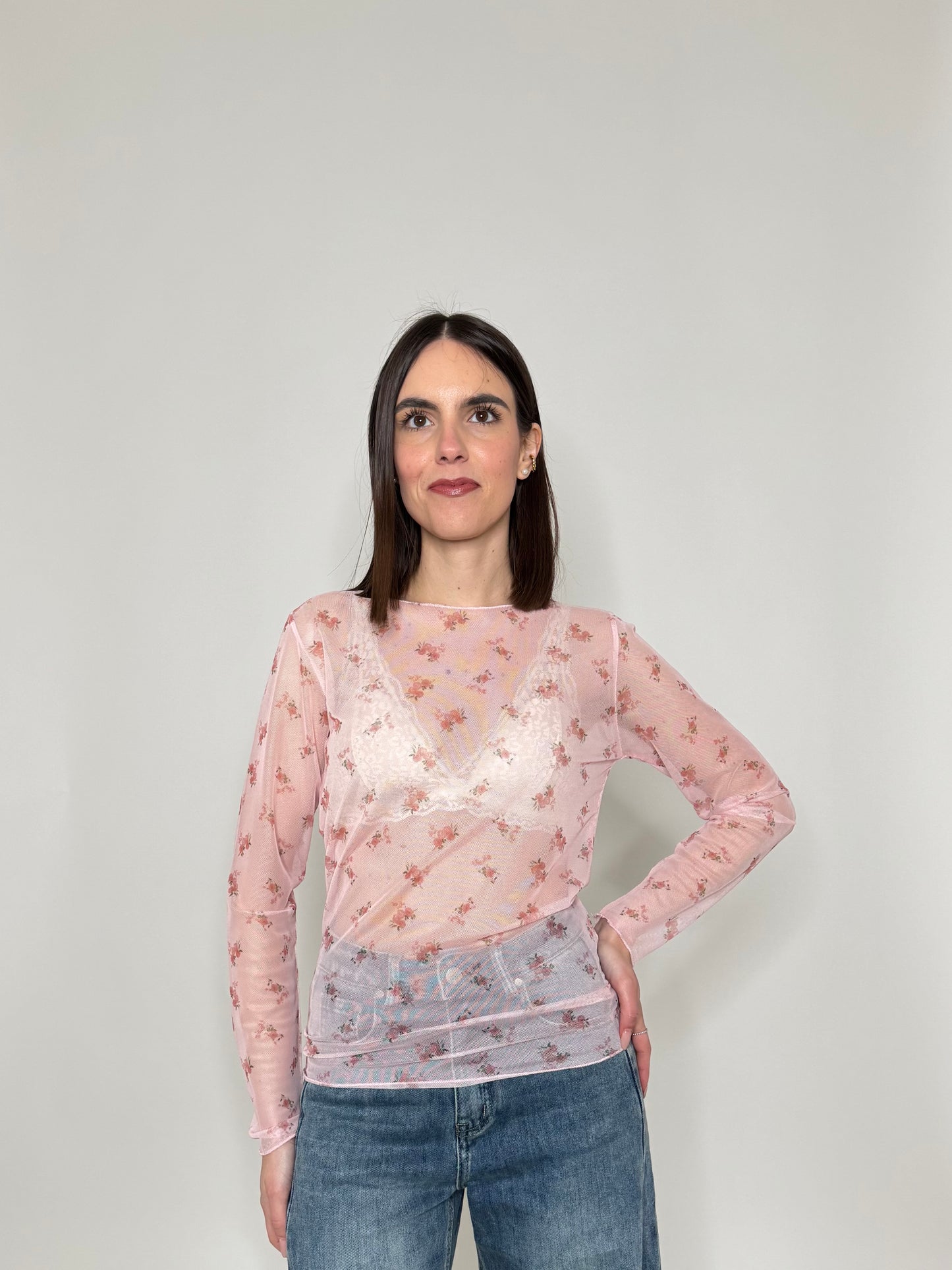 Maglia in tulle con micro fiori Rosa