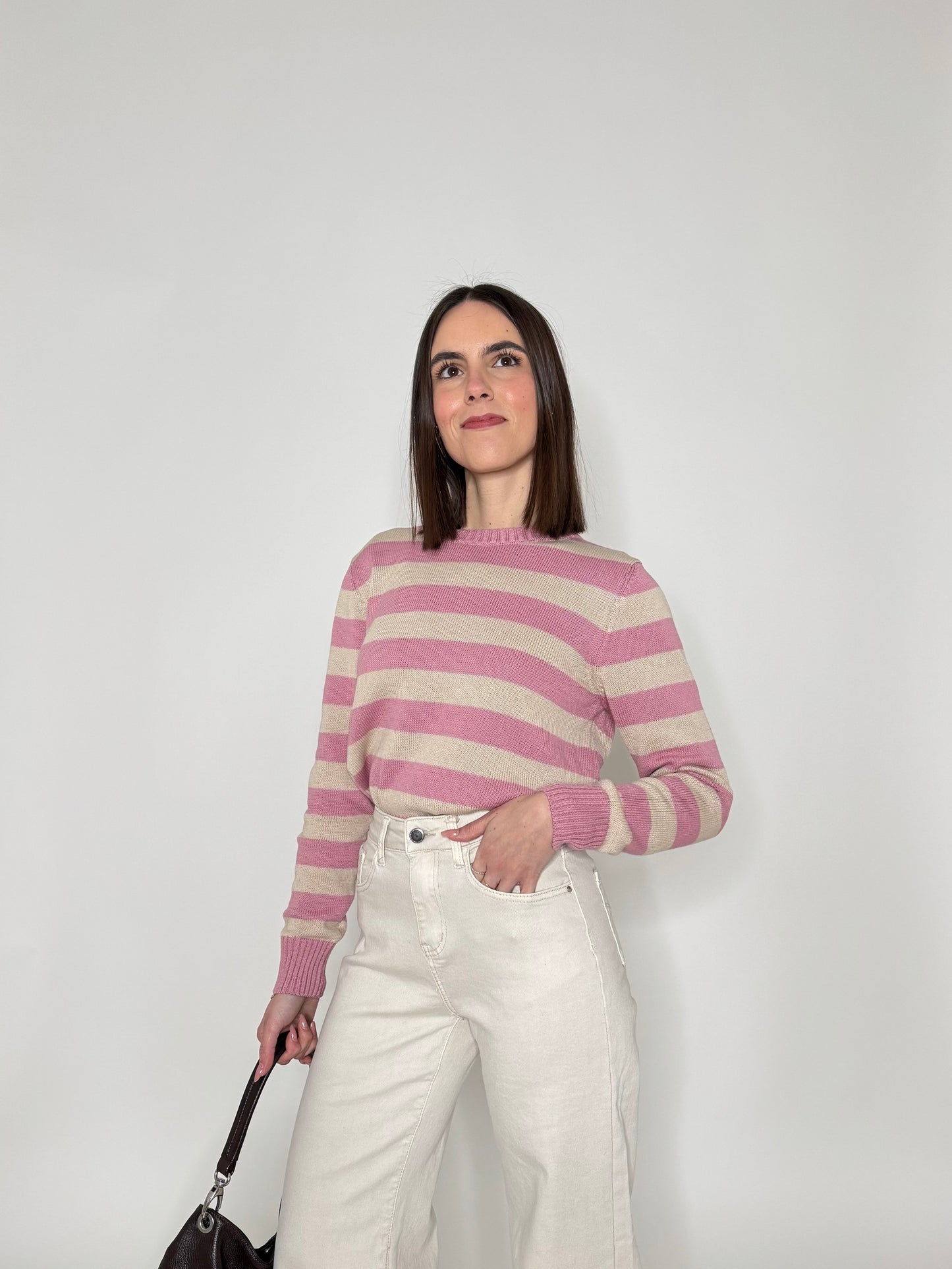 Maglia girocollo a righe in 100% cotone Rosa/beige