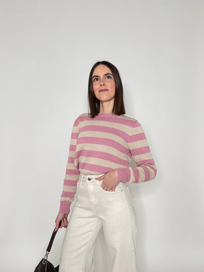 Maglia girocollo a righe in 100% cotone Rosa/beige