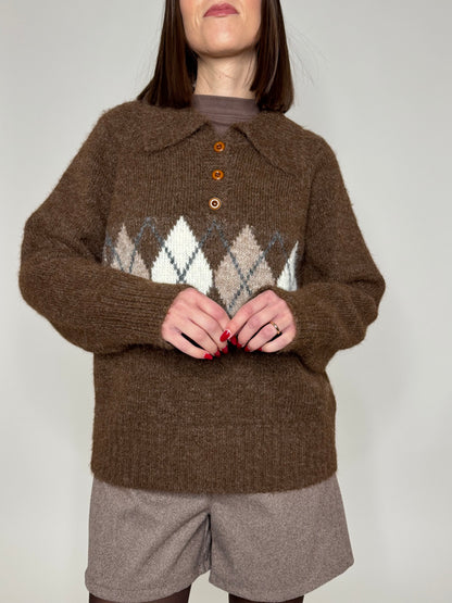 Pullover polo in misto lana rombi