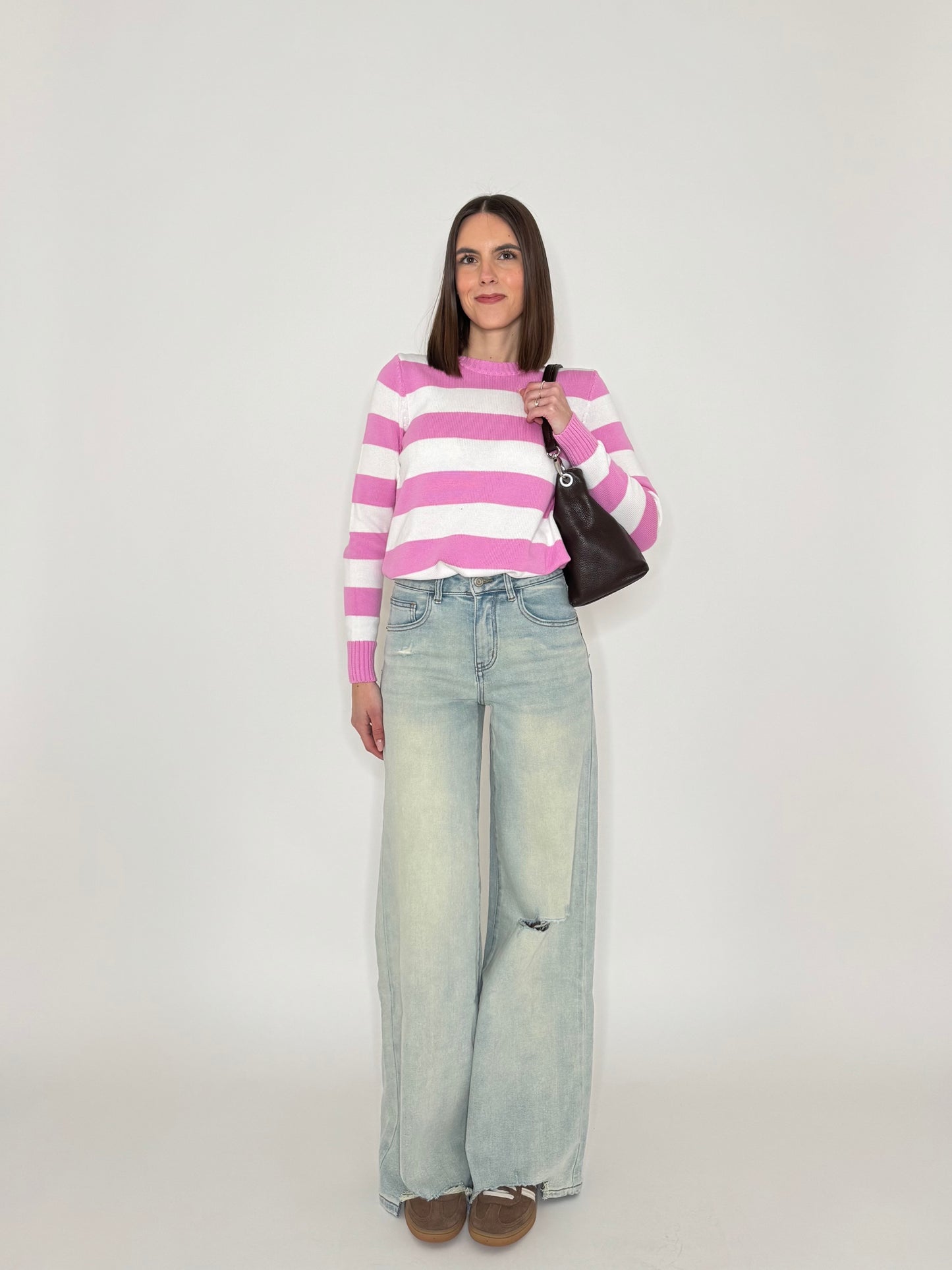 Maglia girocollo a righe in 100% cotone Confetto/Panna
