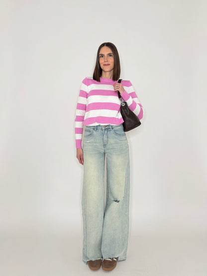 Maglia girocollo a righe in 100% cotone Confetto/Panna