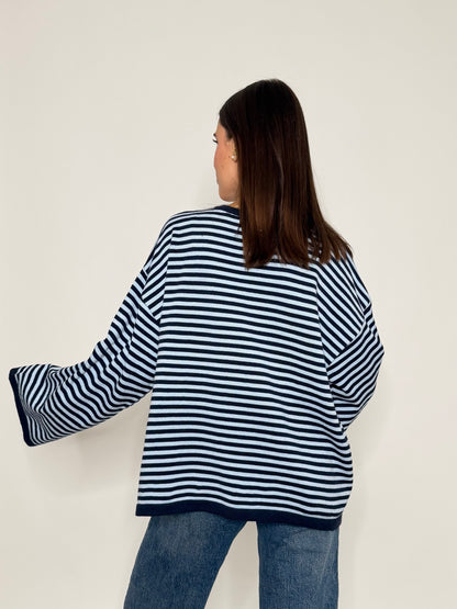 Maglia mille righe in morbida viscosa manica lunga ampia blue