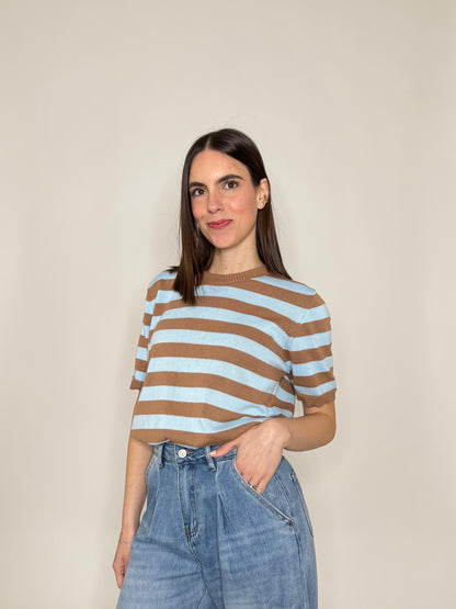 Maglia girocollo a righe manica corta in 100% cotone Camel/celeste