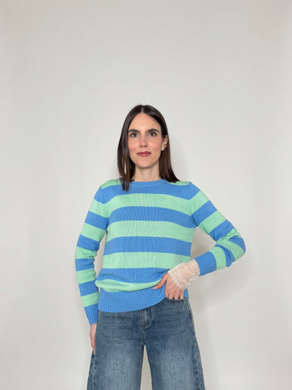 Maglia girocollo a righe in 100% cotone Jeans/Menta