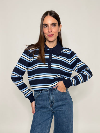 Polo a righe in morbida viscosa blu Navy/celeste