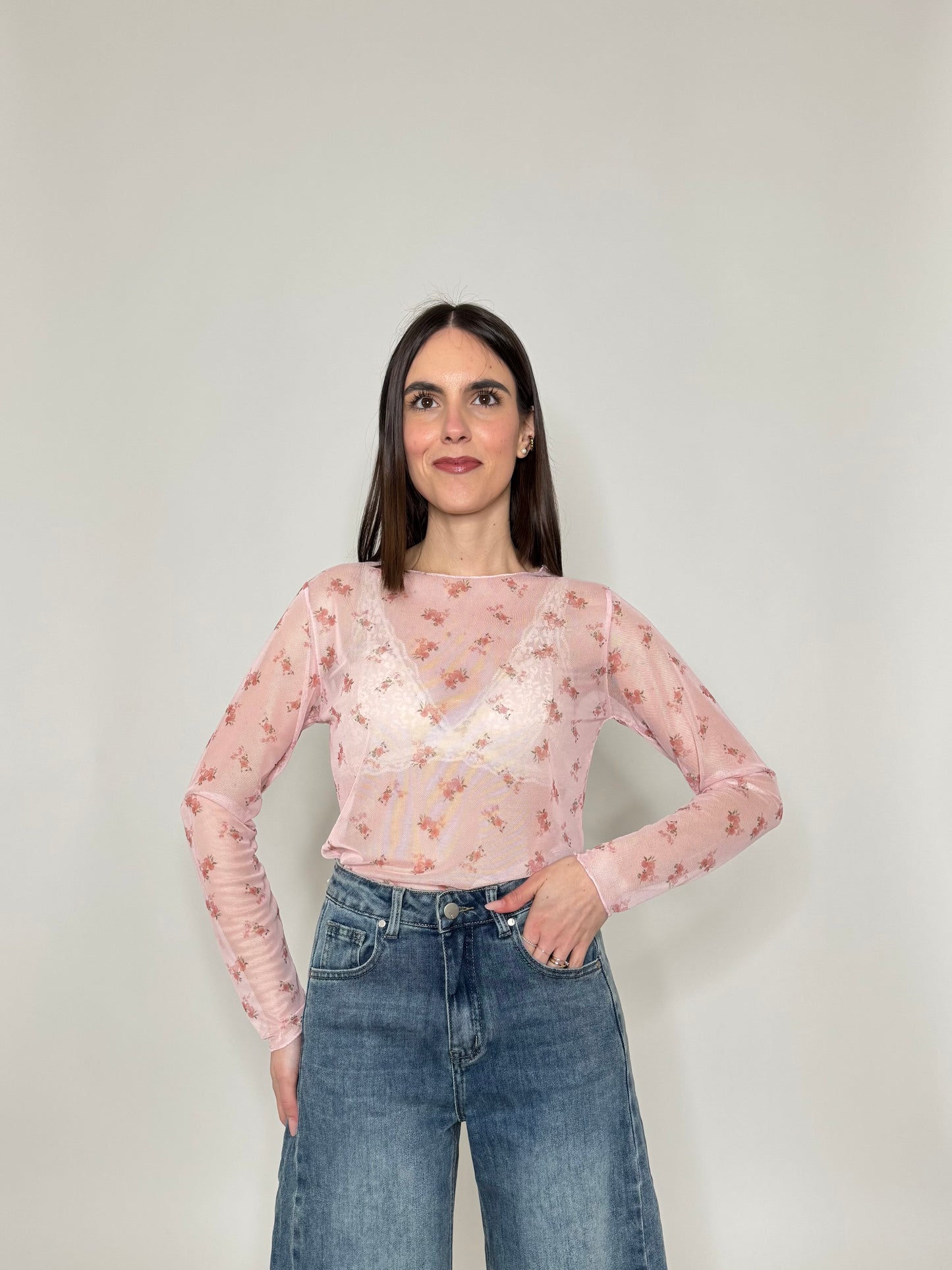 Maglia in tulle con micro fiori Rosa