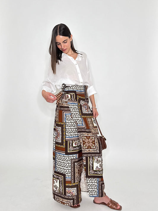 Gonna pareo in fresca viscosa fantasia foulard cioccolato