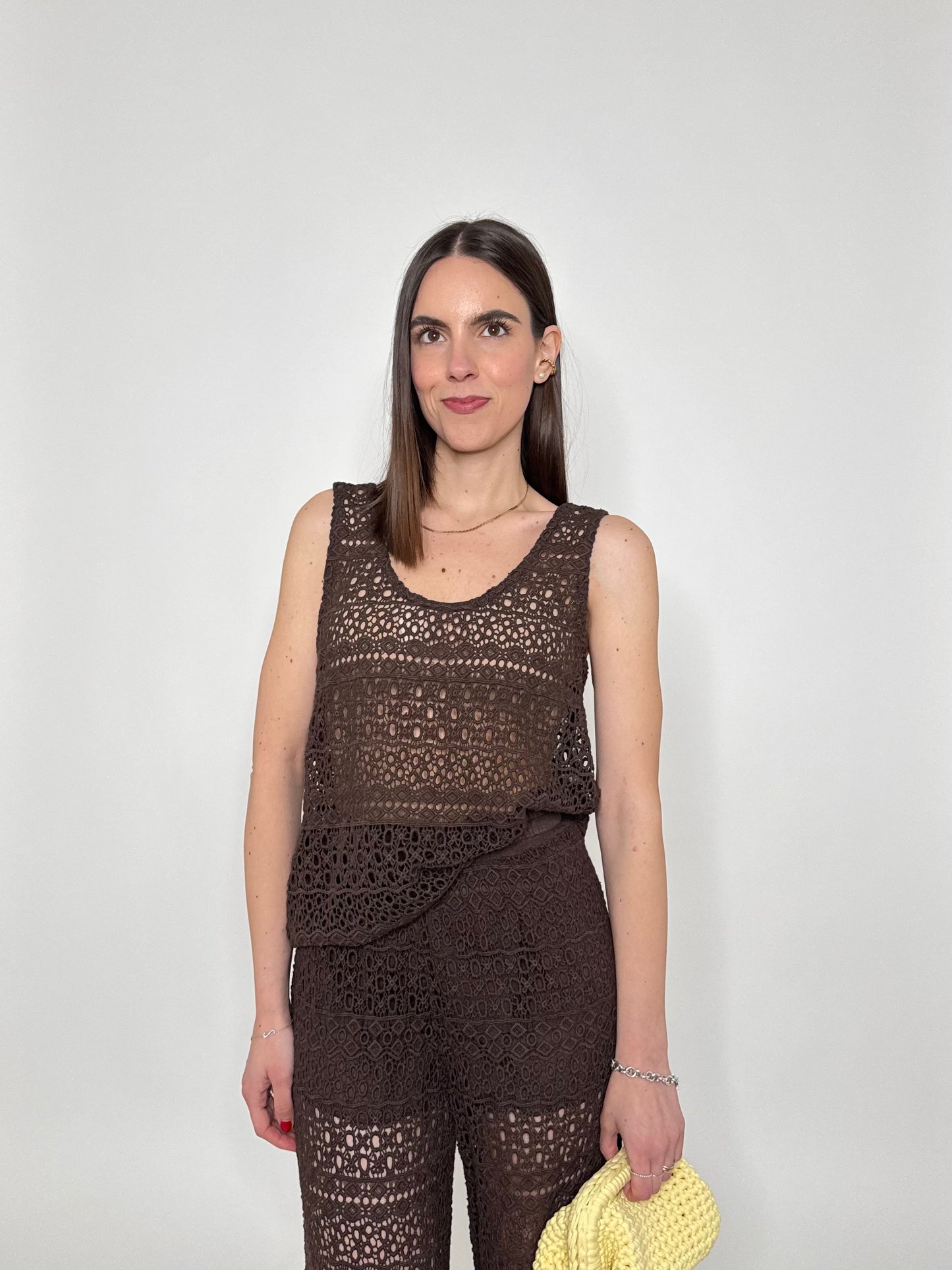 Top pizzo crochet cioccolato in cotone