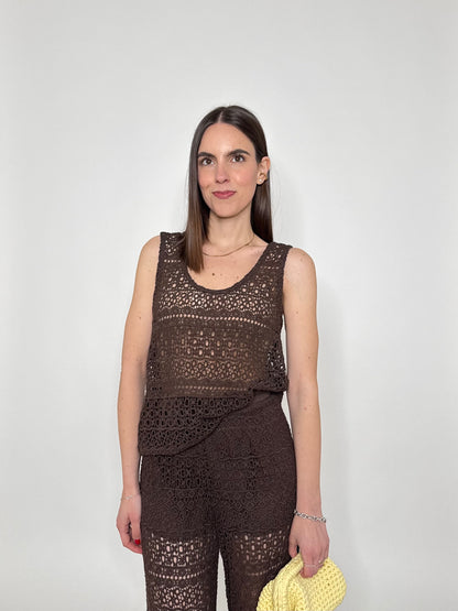 Top pizzo crochet cioccolato in cotone