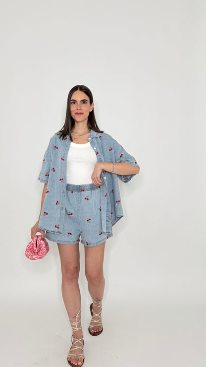 Completo denim in cotone con ricami