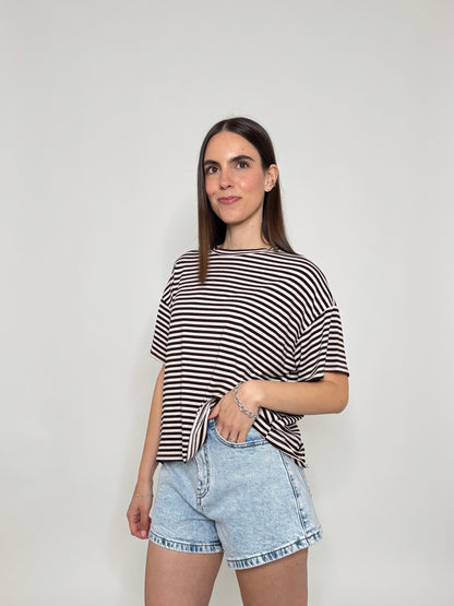 T-shirt a righe in jersey di viscosa Cioccolato/Panna